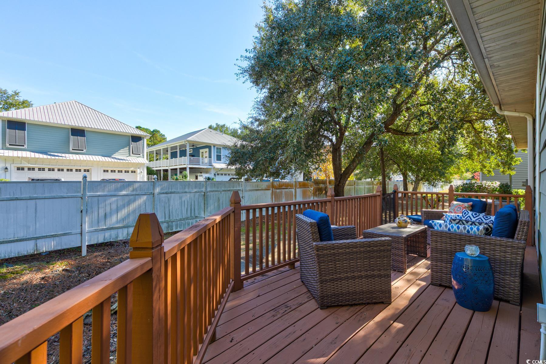 4840 Moss Creek Loop, Unit 36 Murrells Inlet, SC 29576 - Photo 32 of 37 Wooden terrace featuring an outdoor hangout area, a fenced backyard, and a residential view