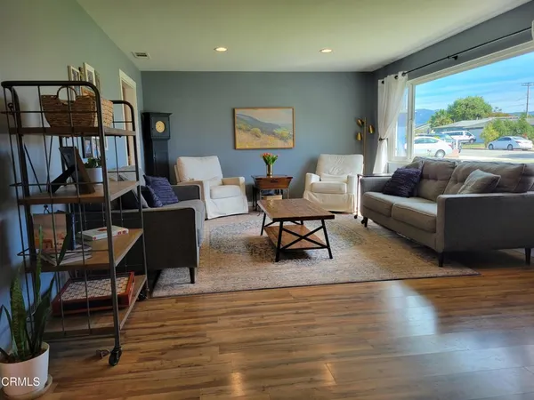 a living room with furniture and a potted plant