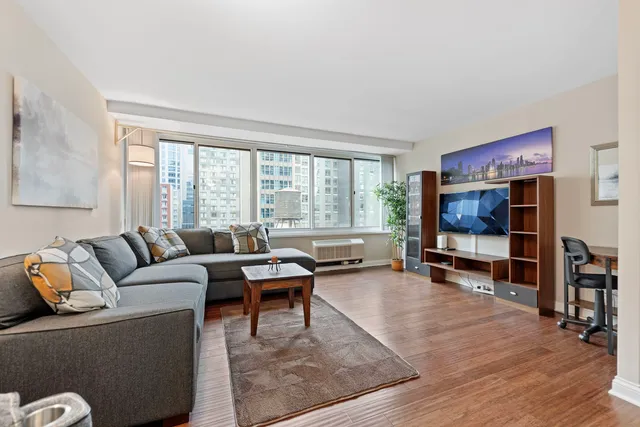 a living room with furniture a rug and a floor to ceiling window