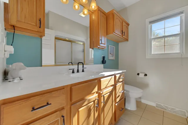 a bathroom with a sink a toilet and mirror