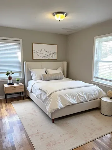 a bedroom with a bed and a couch