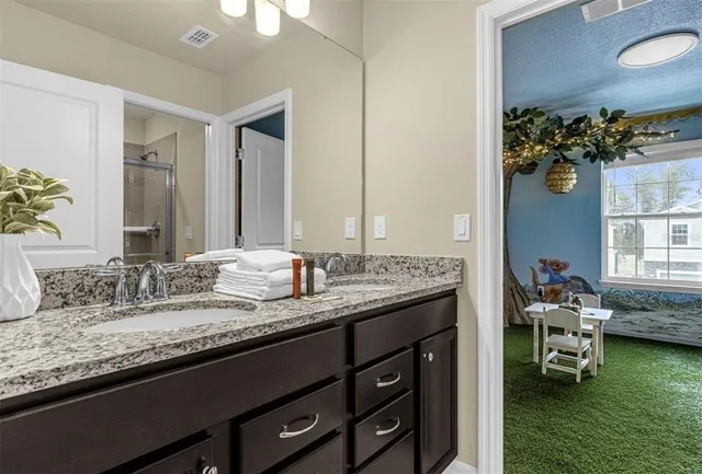 a room with musical instruments and air hockey table