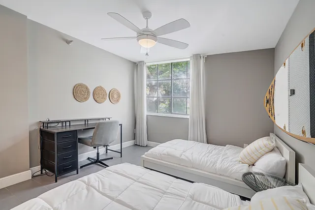 a bedroom with a bed a desk and chair