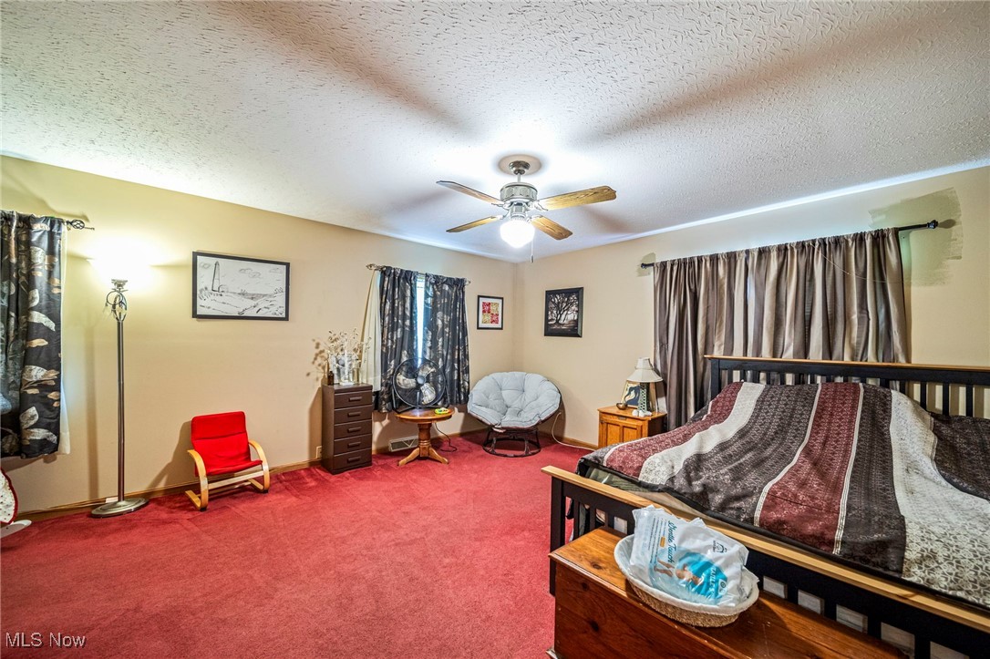 5050 Middle Road Conneaut, OH 44030 - Photo 23 of 35 Bedroom featuring carpet flooring, a textured ceiling, and a ceiling fan
