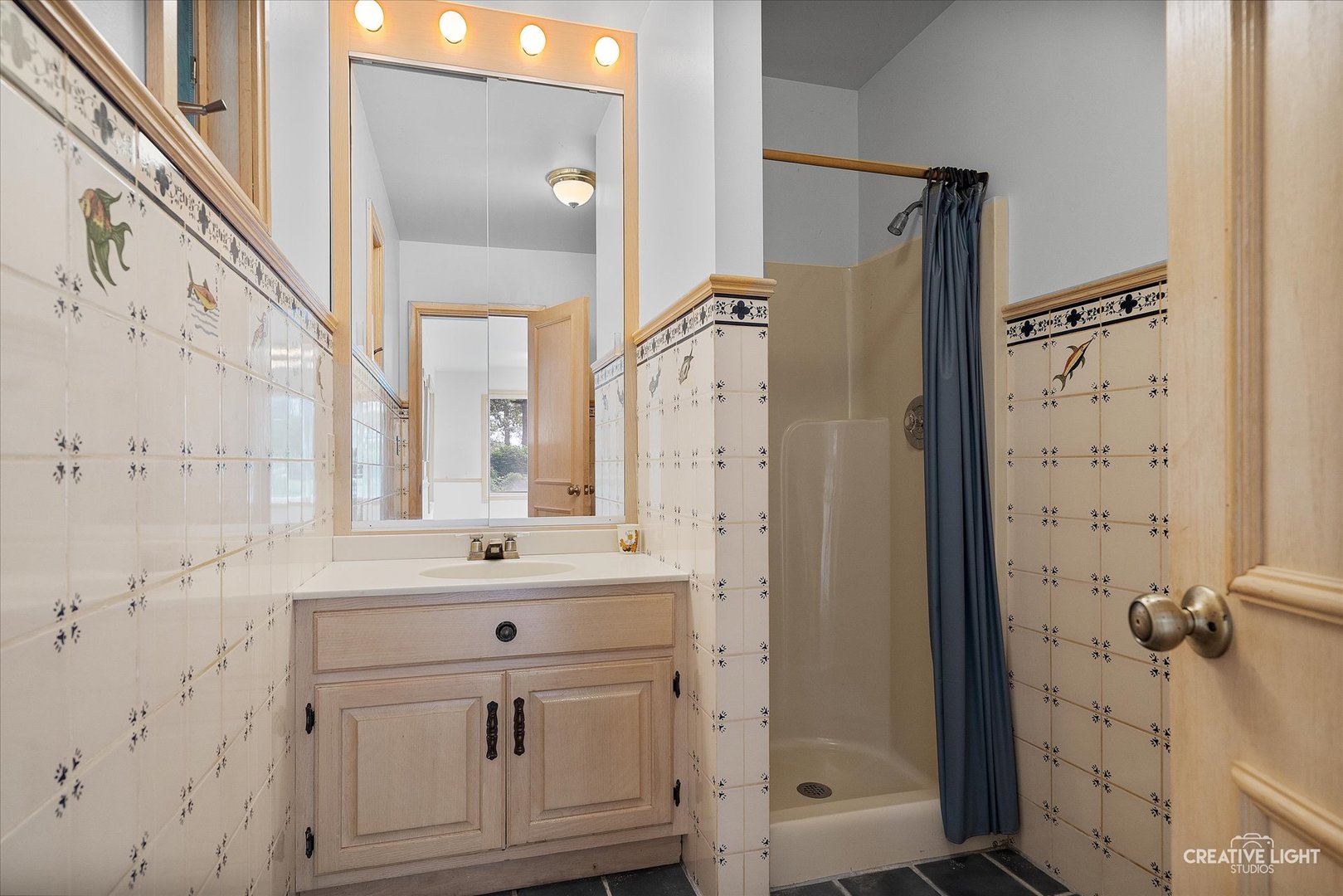 16323 Griswold Springs Road Plano, IL 60545 - Photo 40 of 55 a bathroom with a sink a mirror a glass door a shower and vanity