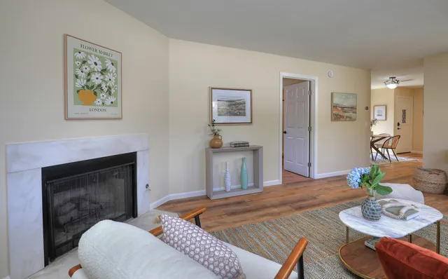 a living room with furniture and a fireplace