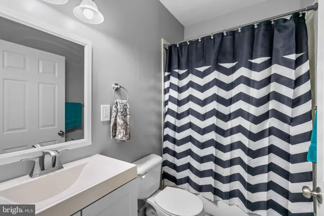 a bathroom with a sink a toilet a mirror and shower curtain