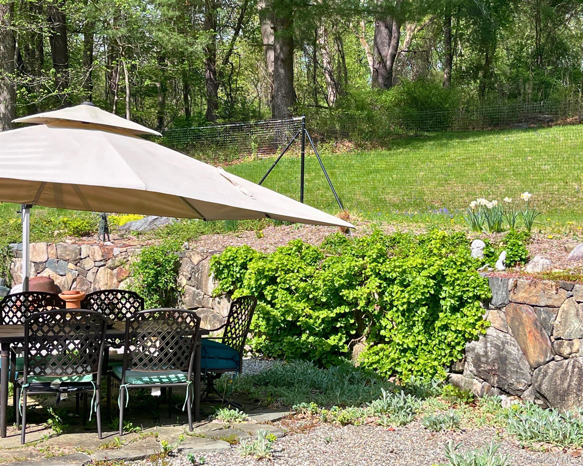 64 Belden Road Carmel, NY 10512 - Photo 18 of 23 Patio with table, umbrella, and fire pit surrounded by lush landscaping