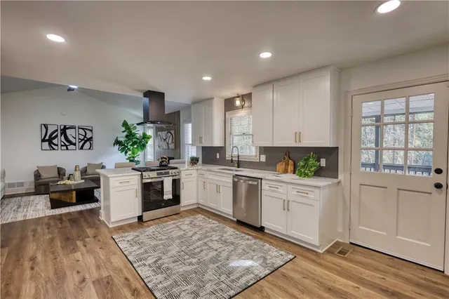 a view of a dining room with furniture