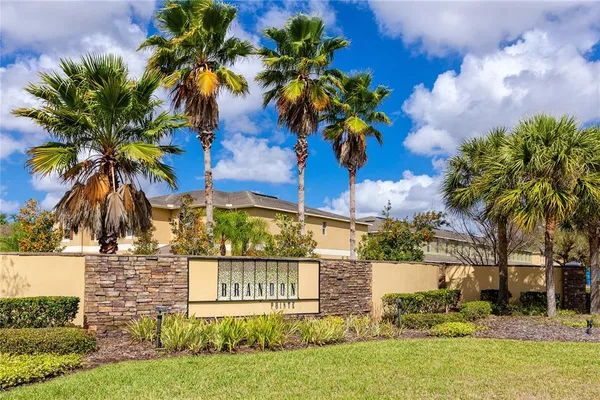 a view of a swimming pool with lounge chair and palm trees