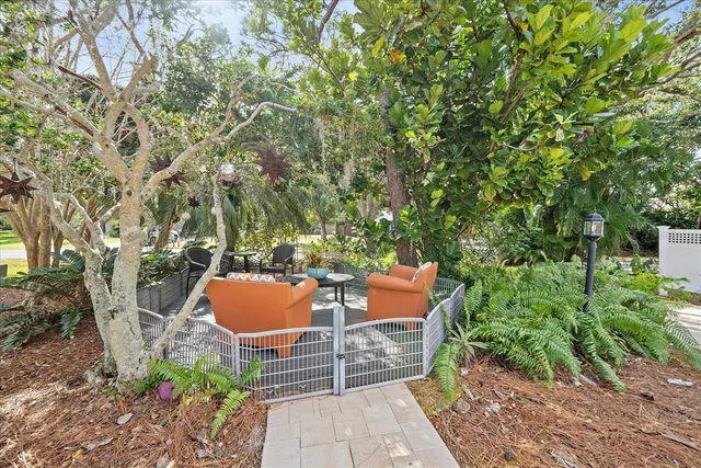 an outdoor space with seating area