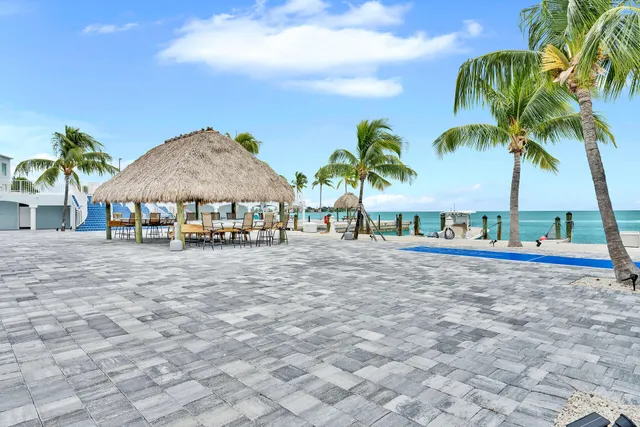 a view of a swimming pool with a patio and palm trees