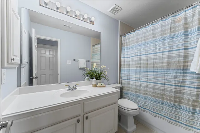 a bathroom with a sink a toilet and shower curtain