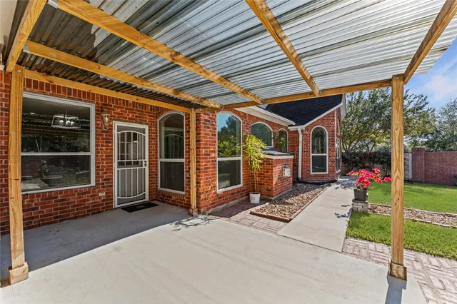 a garden view with a seating space