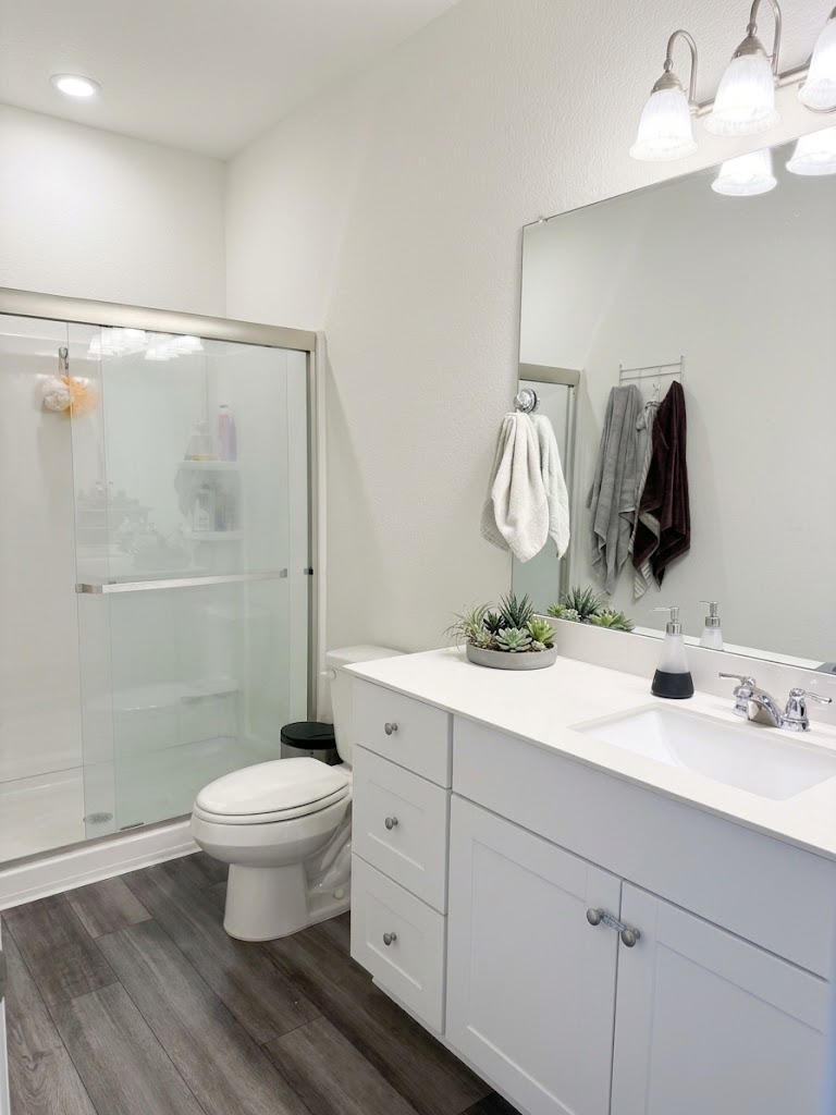 225 Comancheros Road Jarrell, TX 76537 - Photo 9 of 21 A modern vanity with stone counters complements the glass-enclosed walk-in shower and wood-look flooring.