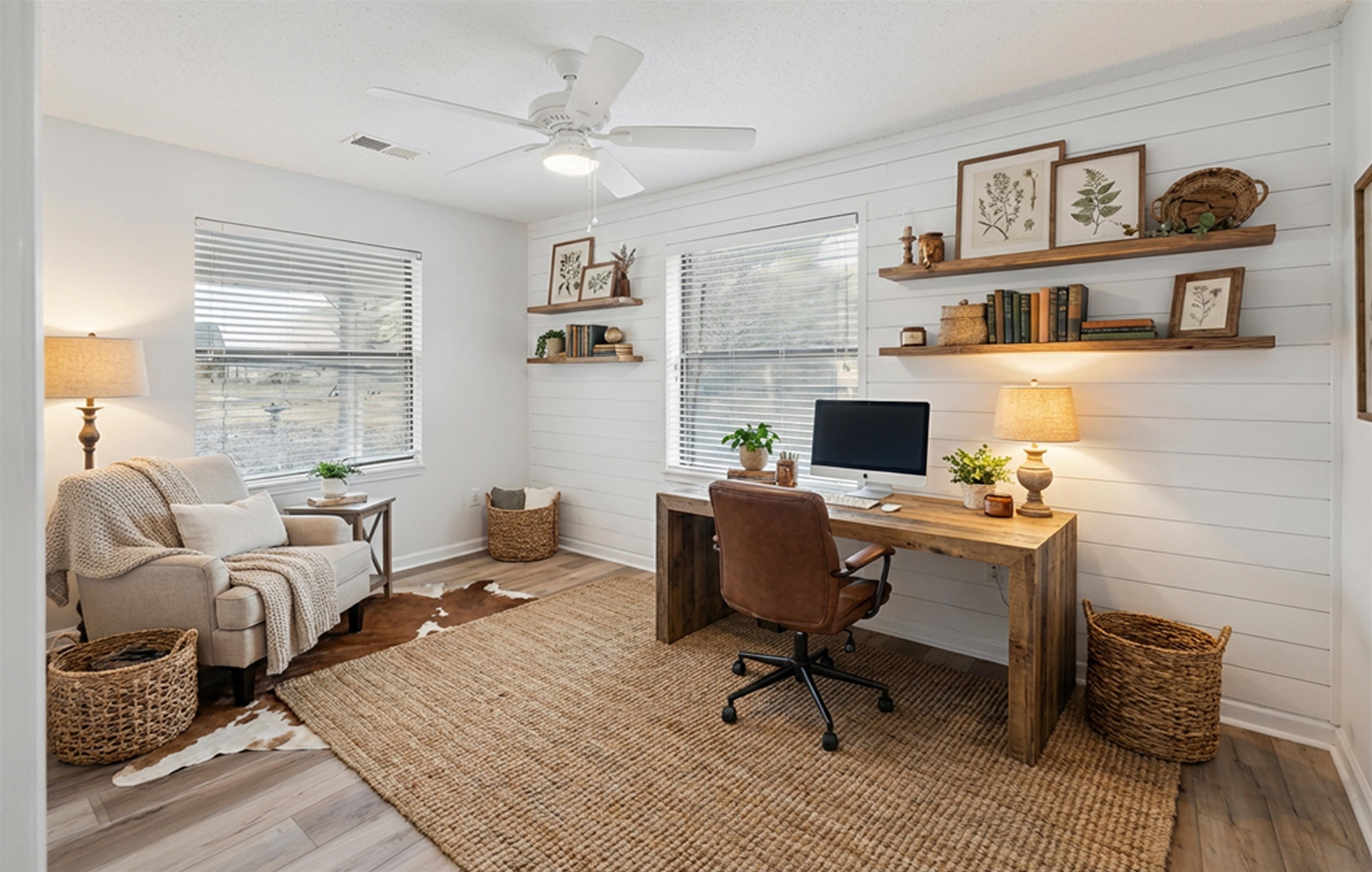 632 Cullum Road Munford, TN 38058 - Photo 37 of 38 Staged with Ai Home office featuring a ceiling fan, plenty of natural light, wood finished floors, and wooden walls