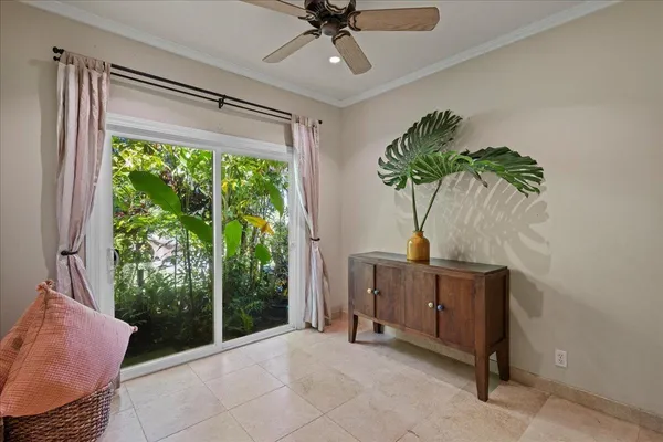 a living room with furniture and a potted plant