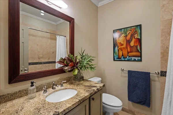 a bathroom with a granite countertop toilet a sink and mirror