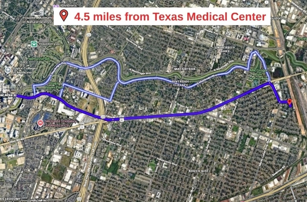 5118 Nassau Road Houston, TX 77021 - Photo 12 of 12 Map showing the direct 4.5mile route to the Texas Medical Center