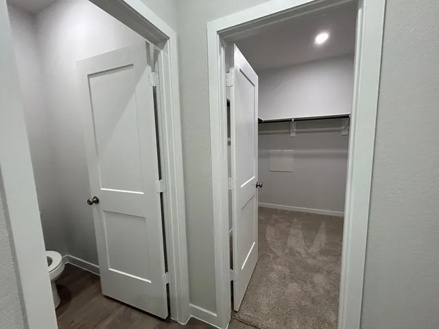 a bathroom with a shower and a toilet