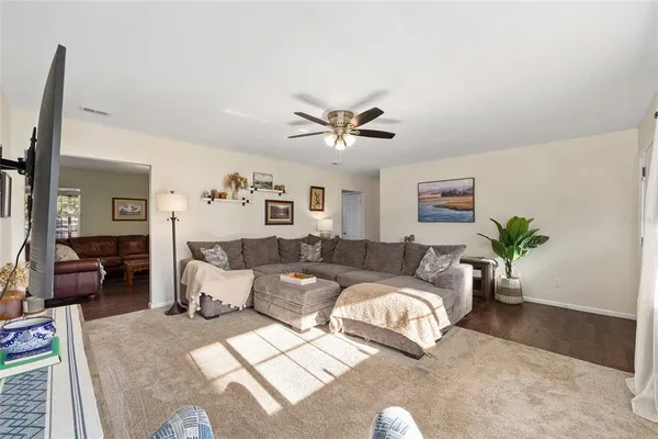 a living room with furniture and a potted plant