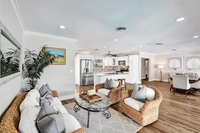 a living room with furniture kitchen view and a potted plant