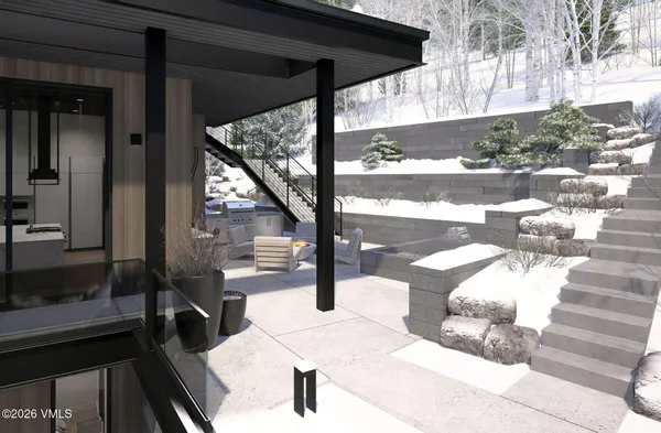 a living room with couches chairs and large view with balcony view