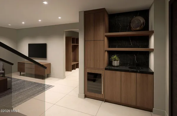 a hallway with closet and a large window