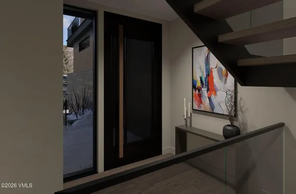 a view of a house with a balcony and wooden floor