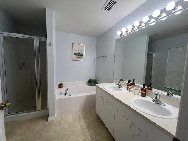 a bathroom with a sink a large mirror and a bathtub