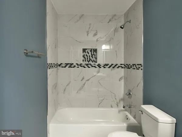 a bathroom with a bathtub and a toilet