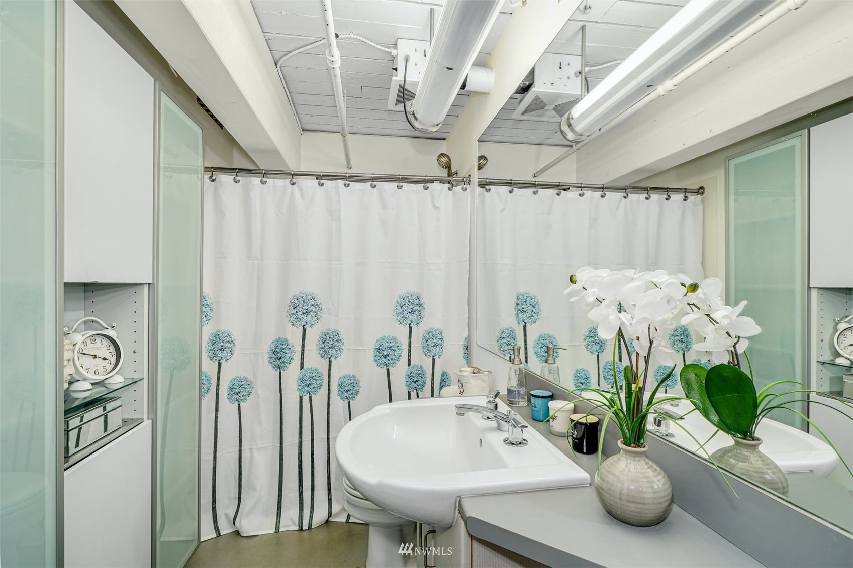66 Bell Street, Unit 203 Seattle, WA 98121 - Photo 22 of 35 a bathroom with a sink a mirror and a potted plant