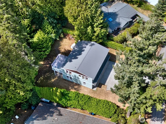 an aerial view of a house with a yard and a large tree