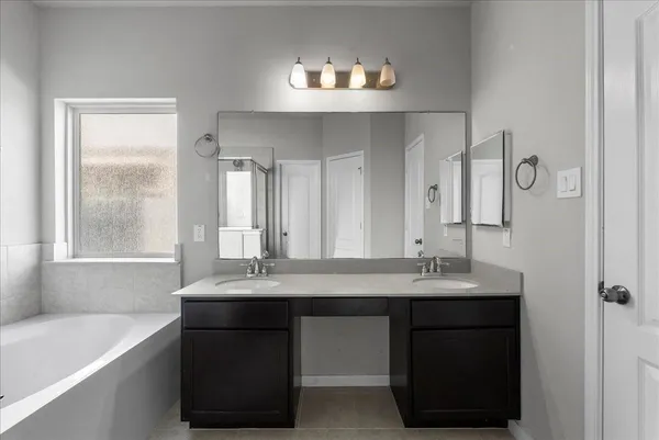 a bathroom with a sink double vanity and a mirror