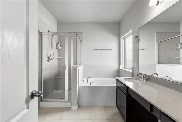 a bathroom with a tub sink shower and a mirror