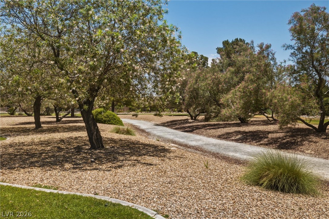 6720 Stubblefield Drive Pahrump, NV 89061 - Photo 48 of 51 A tranquil path winds through mature trees and well-maintained grounds, offering a peaceful outdoor retreat.