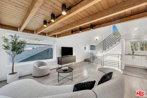 a living room with furniture and a potted plant