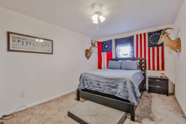 a bedroom with a bed and a chandelier