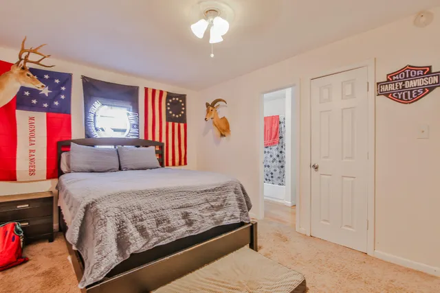 a bedroom with a large bed and a chandelier