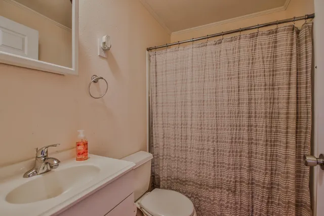 a bathroom with a sink a toilet and shower