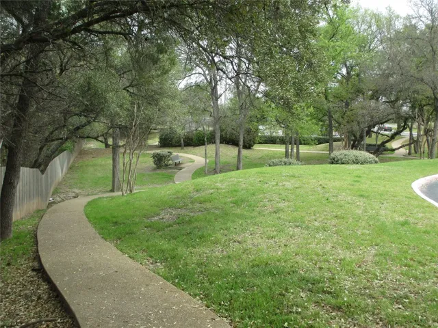 a view of a park with large trees
