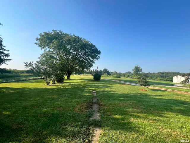 an aerial view of residential houses with outdoor space and trees