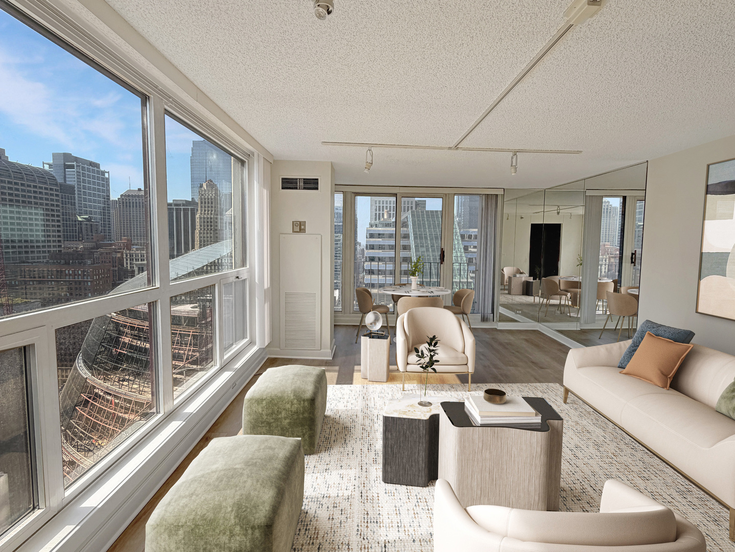 200 North Dearborn Street, Unit 3402 Chicago, IL 60601 - Photo 3 of 18 a living room with furniture large windows and wooden floor