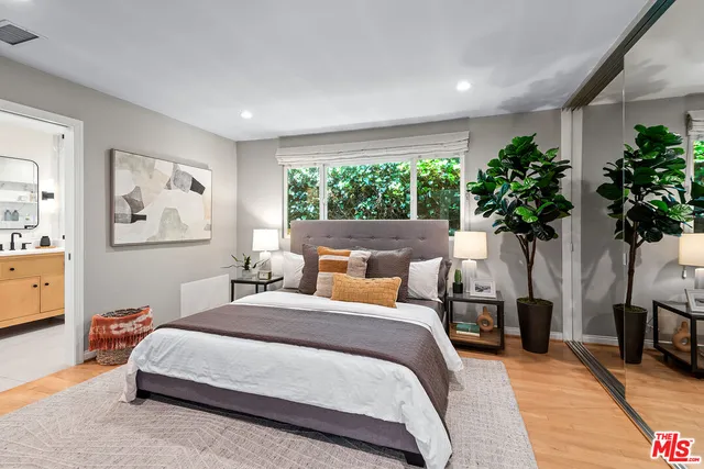 a living room with furniture a potted plant and a large window