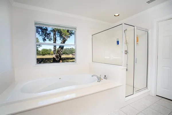 a bathroom with a bathtub and a shower