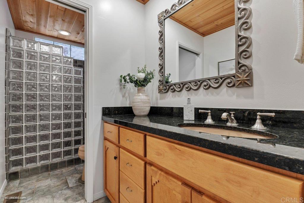 602 Sereno View Road Encinitas, CA 92024 - Photo 33 of 56 a bathroom with a granite countertop sink a mirror and vanity