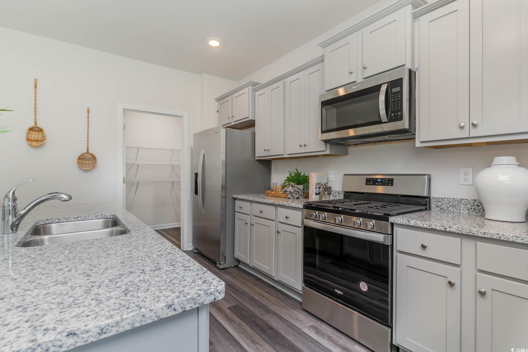 7431 Meadow Walk Loop Loris, SC 29569 - Photo 9 of 27 Kitchen with stainless steel appliances, a sink, dark wood-type flooring, gray cabinets, and recessed lighting