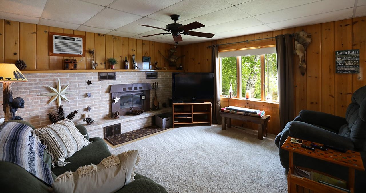 1198 West Mink Road Cotton, MN 55724 - Photo 9 of 23 Living room with wooden walls, a wall mounted air conditioner, carpet, a ceiling fan, and a paneled ceiling