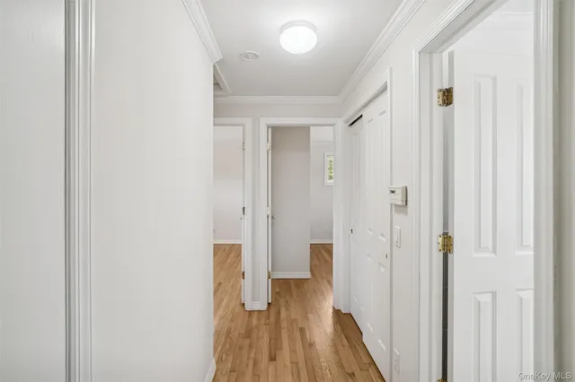 a view of a hallway with wooden floor