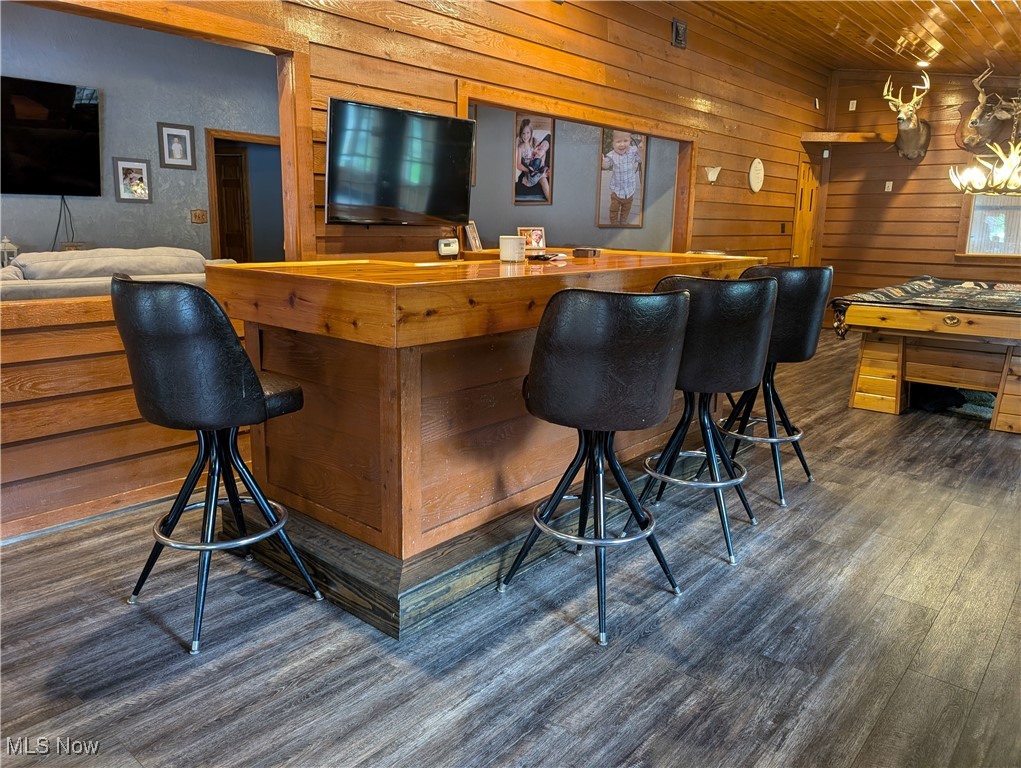 46136 Carlisle Road Lisbon, OH 44432 - Photo 29 of 48 Bar with wooden counters, dark hardwood / wood-style floors, wooden walls, and wooden ceiling